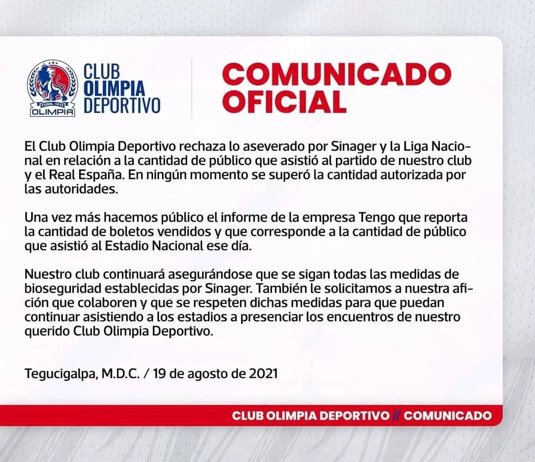 Olimpia respondió a la advertencia por parte de la Liga Nacional por ingreso excesivo de publico